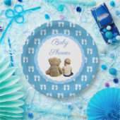 Baby & Teddy Bear Blue Footprints Baby Dusche Pappteller (Party)