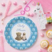 Baby & Teddy Bear Blue Footprints Baby Dusche Pappteller (Party)