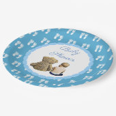 Baby & Teddy Bear Blue Footprints Baby Dusche Pappteller (Schrägansicht)