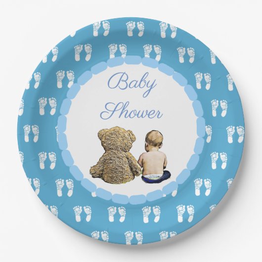 Baby & Teddy Bear Blue Footprints Baby Dusche Pappteller (Vorderseite)