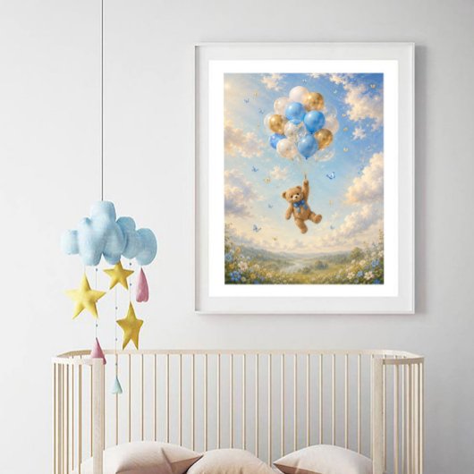 Baby-Teddybär schwebt mit Luftballons Poster
