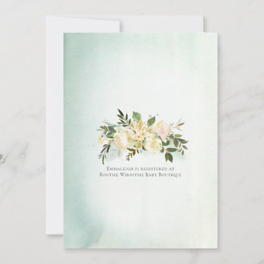 Baby Tee Dusche Grün Weiße Rosen Blüte Einladung (Rückseite)