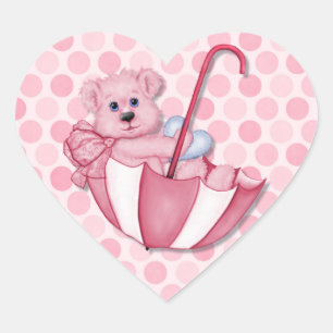 Baby Theme Umbrella Bear Pink Polka Dots Herz-Aufkleber
