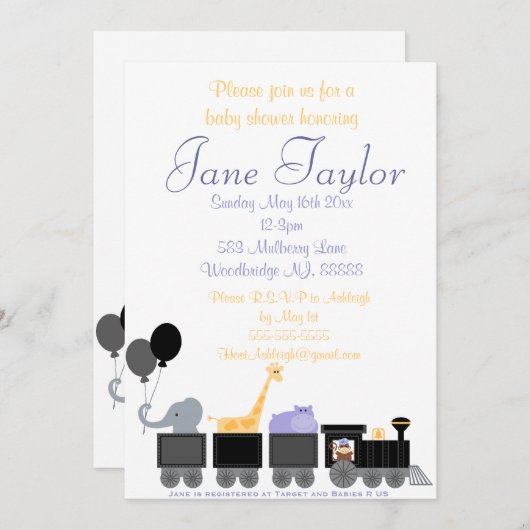 Baby-Tiere auf eine Zug-Babyparty-Einladungen Einladung (Vorne/Hinten)