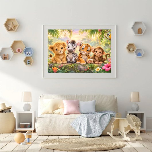 Baby-Tiere im lebendigen Dschungel Poster
