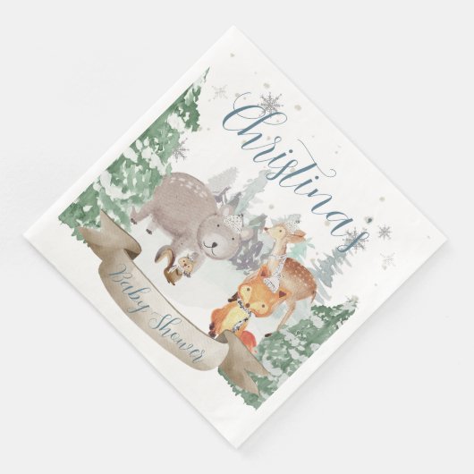 Baby Tiere in einem weißen Waldwald Serviette (Ecke)