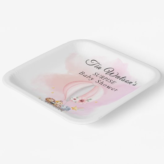 Baby Tiere in einer rosa Heißluftballon Papierplat Pappteller (Gewinkelt)