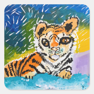 Baby Tiger "Kunst von Kindern" Quadratischer Aufkleber