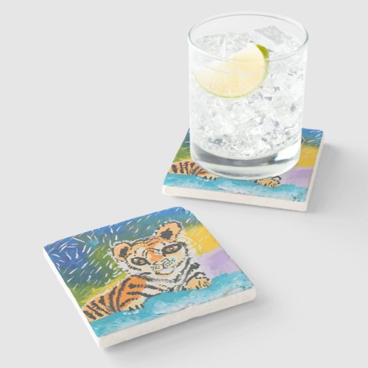 Baby Tiger "Kunst von Kindern" Steinuntersetzer (Seitenansicht)