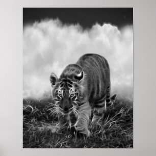 Baby Tiger Stalking in Schwarz-Weiß Poster