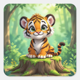 Baby Tiger | Süße Cartoon-Kinderzimmer-Kunst Quadratischer Aufkleber