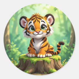 Baby Tiger | Süße Cartoon-Kinderzimmer-Kunst Runder Aufkleber