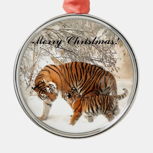 Baby tiger und Tiger Mom in einem verschneiten Wal Silbernes Ornament (Vorne)