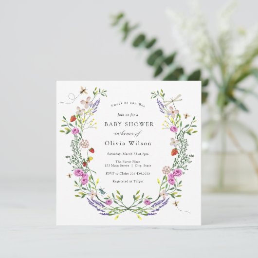 Baby to Bee Boho Floral Baby Dusche Einladung (Stehend Vorderseite)