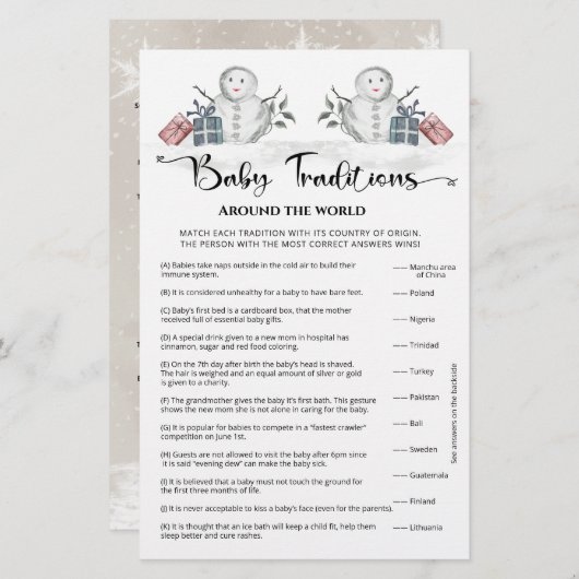 Baby Traditionen Snowman Baby Shower Game (Vorne/Hinten)