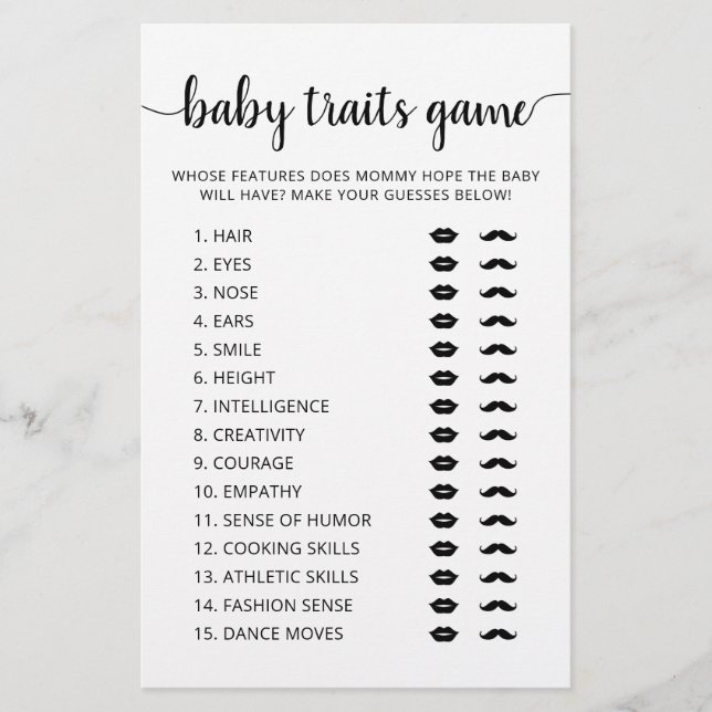 Baby traits game Baby Shower party Game card (Vorderseite)