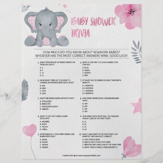 Baby Trivia [Baby Elephant [Rosa] Briefbogen (Vorderseite)