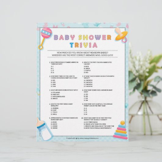 Baby Trivia Baby Shower Games [Baby Basics Blue] Briefbogen (Stehend Vorderseite)