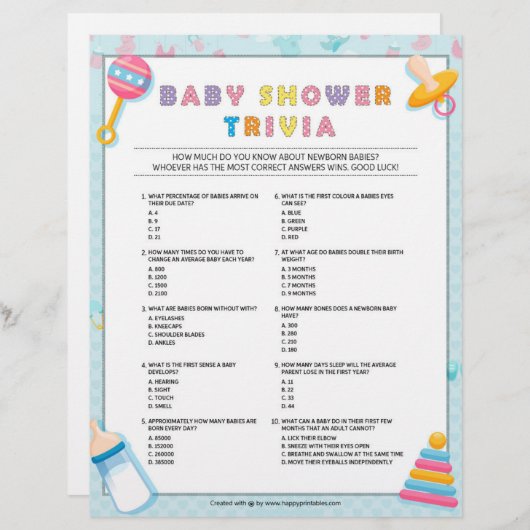 Baby Trivia Baby Shower Games [Baby Basics Blue] Briefbogen (Vorne/Hinten)