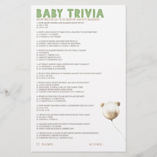Baby Trivia Baby Showspiel (Vorderseite)