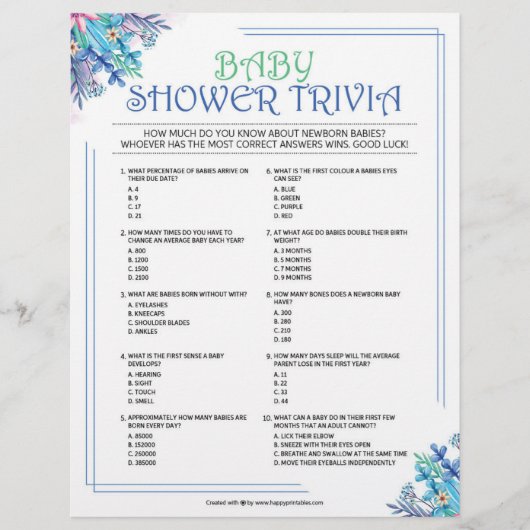 Baby Trivia [Blue Floral] Briefbogen (Vorderseite)