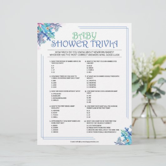 Baby Trivia [Blue Floral] Briefbogen (Stehend Vorderseite)