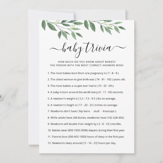 Baby Trivia Spiel mit Answers Baby Duschkarte Einladung (Vorderseite)