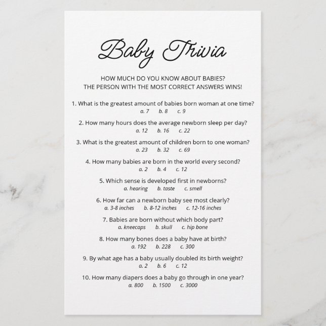 Baby Trivia Spiel mit dem Answers Baby Dusche Part (Vorderseite)