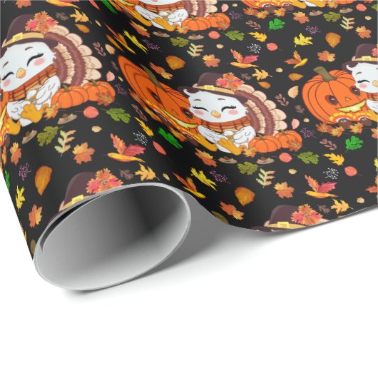 Baby Turkey und Pumpkin feiern Erntedank Geschenkpapier (Rolleneckpunkt)