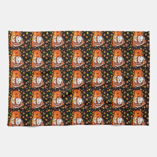 Baby Turkey und Pumpkin feiern Erntedank Geschirrtuch (Horizontal)