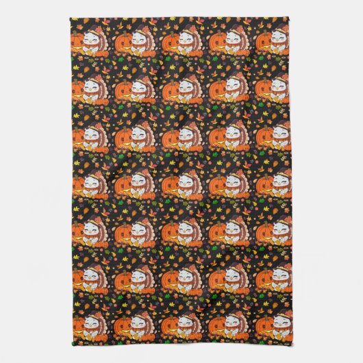 Baby Turkey und Pumpkin feiern Erntedank Geschirrtuch (Vertikal)