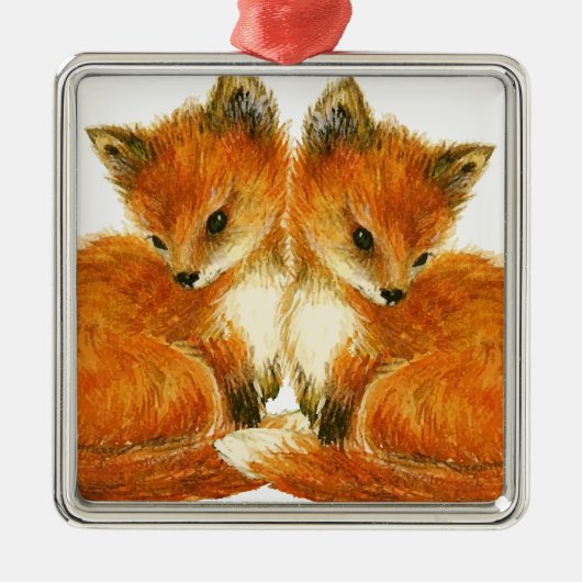 Baby Twin Foxes Silbernes Ornament (Vorne)