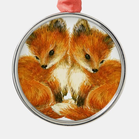Baby Twin Foxes Silbernes Ornament (Vorne)