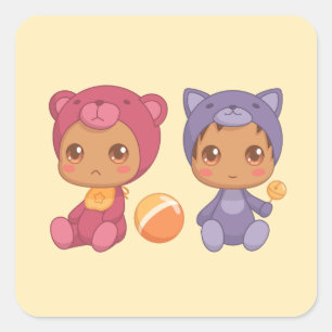 Baby Twins Bear Cat Jumpsuit 3 Gelb Quadratischer Aufkleber