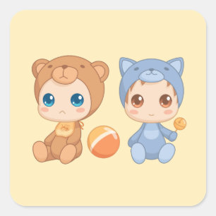 Baby Twins Bear Cat Jumpsuit on Yellow 2 Quadratischer Aufkleber