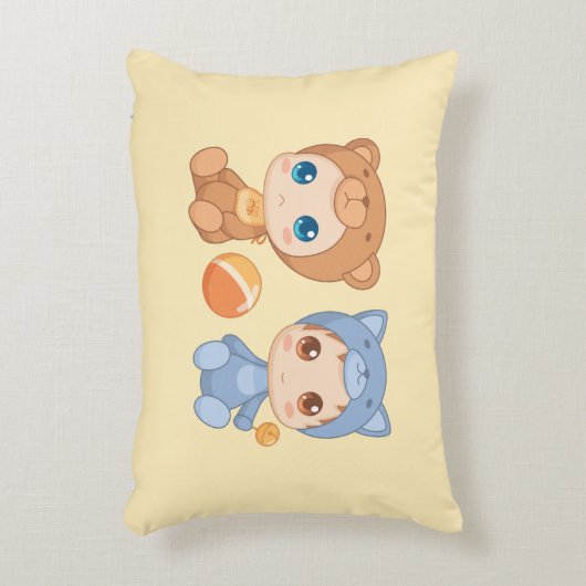 Baby Twins Bear Cat Jumpsuit on Yellow Dekokissen (Vorderseite(Vertikal))