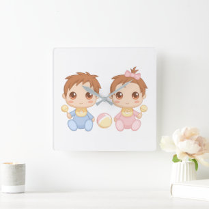 Baby Twins Boy and Girl Quadratische Wanduhr
