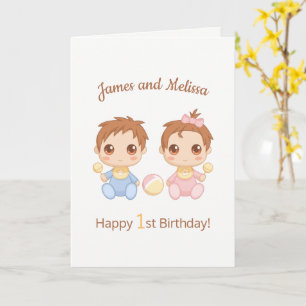 Baby Twins Boy Girl First Birthday Blank Karte
