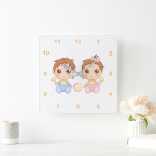 Baby Twins Boy und Girl 2 Quadratische Wanduhr