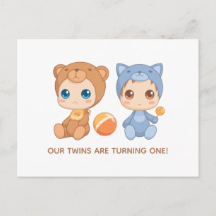 Baby Twins Einladung zum ersten Geburtstag Cat Bea Postkarte
