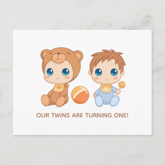 Baby Twins Einladung zum ersten Geburtstag Postkarte (Vorderseite)