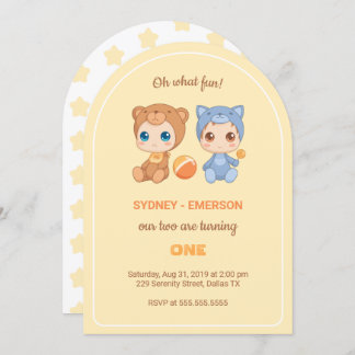 Baby Twins Erster Geburtstag Katzenbär Gelb Einladung