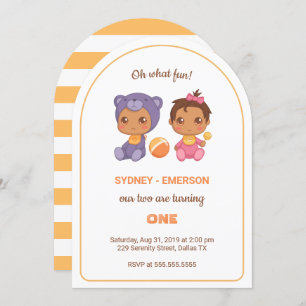 Baby Twins First Birthday Girl Bear Jumpsuit 2 Einladung