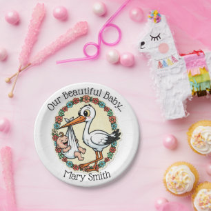 Baby- und Storch-Design im Vintage-Stil Pappteller
