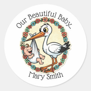 Baby- und Storch-Design im Vintage-Stil Runder Aufkleber
