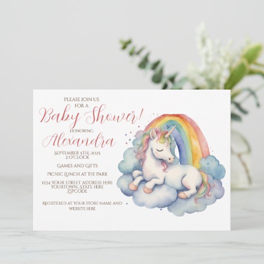 Baby Unicorn Girl Baby Shower Einladung (Stehend Vorderseite)