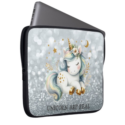 Baby Unicorn Silver Glitzer Bokeh Laptopschutzhülle (Vorne Rechts)