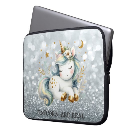 Baby Unicorn Silver Glitzer Bokeh Laptopschutzhülle (Vorderseite Links)