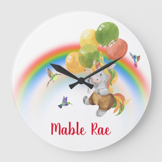 Baby Unicorn with Balloon Rainbow Name   Große Wanduhr (Vorderseite)