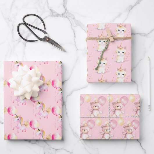 Baby Unicorns, Bären, Kätzchen Pink Wrapping Paper Geschenkpapier Set (Vorderseite)